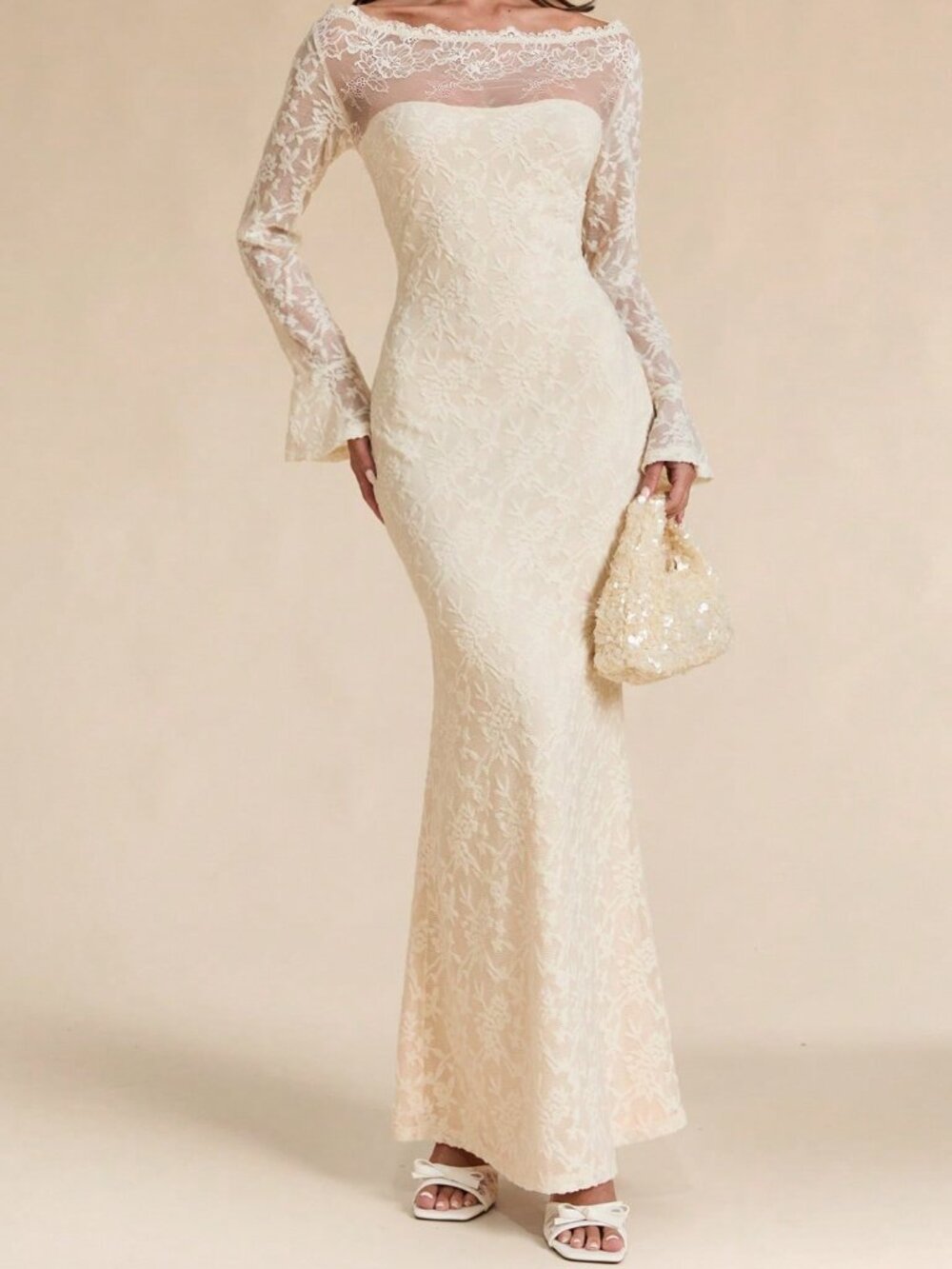 White Elegant Women's Slim Fit Fitted Sheer Lace Trim Contrast Lace Maxi Dress